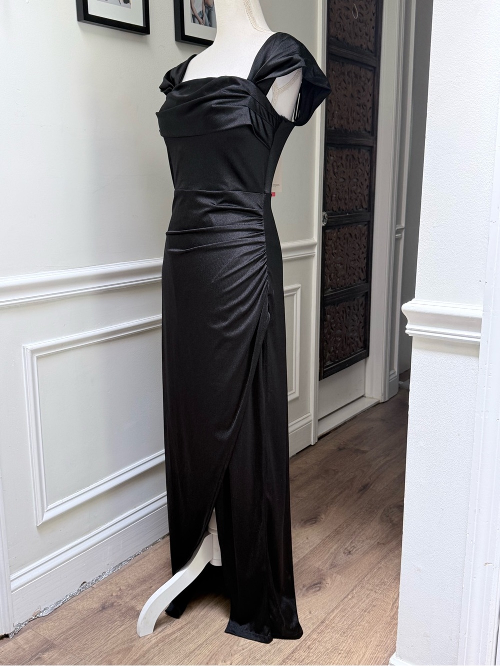 Popilush Metallic Shapewear Maxi Dress Off Shoulder Ruched High Slit Black L - Picture 8 of 16